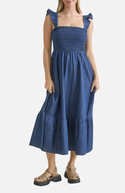 Blu Pepper Smocked Denim Midi Dress In Blue