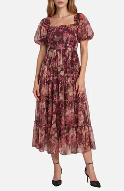Blu Pepper Smocked Floral Midi Dress In Brown