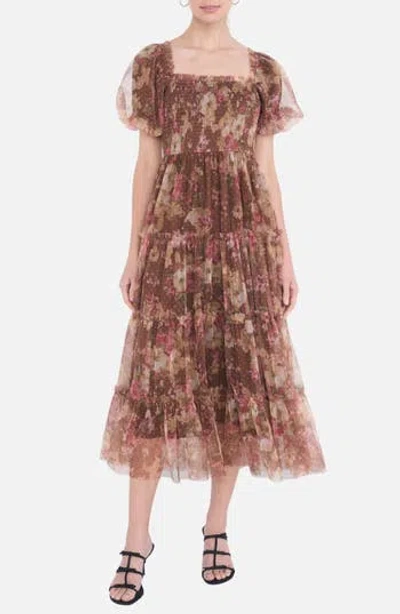 Blu Pepper Smocked Floral Midi Dress In Brown