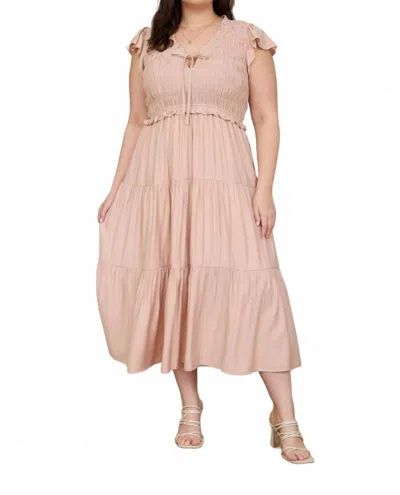Blu Pepper Smocked Front Tie Ruffle Detail Tiered Midi Dress - Plus In Dusty Pink