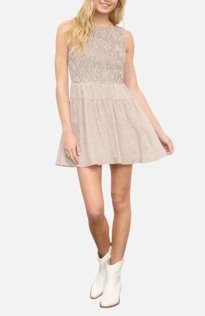 Blu Pepper Smocked Gingham Sleeveless Minidress In Brown