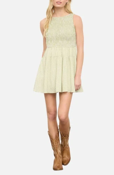 Blu Pepper Smocked Gingham Sleeveless Minidress In Green