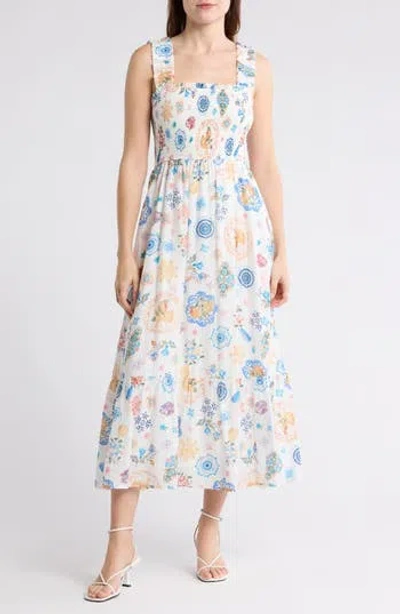 Blu Pepper Smocked Maxi Sundress In Blue Multi