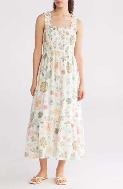Blu Pepper Smocked Maxi Sundress In Olive Multi