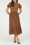 Blu Pepper Smocked Puffed Sleeve Midi Dress In Brown