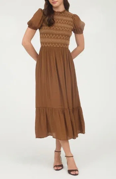 Blu Pepper Smocked Puffed Sleeve Midi Dress In Brown