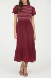 Blu Pepper Smocked Puffed Sleeve Midi Dress In Red