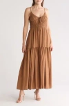 Blu Pepper Smocked Sleeveless Maxi Dress In Brown