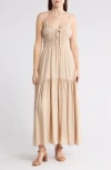 Blu Pepper Smocked Sleeveless Maxi Dress In Light Khaki