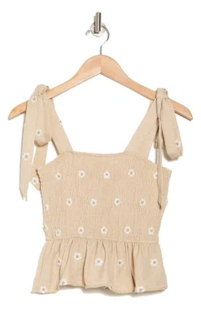 Blu Pepper Smocked Tie Shoulder Tank In Khaki