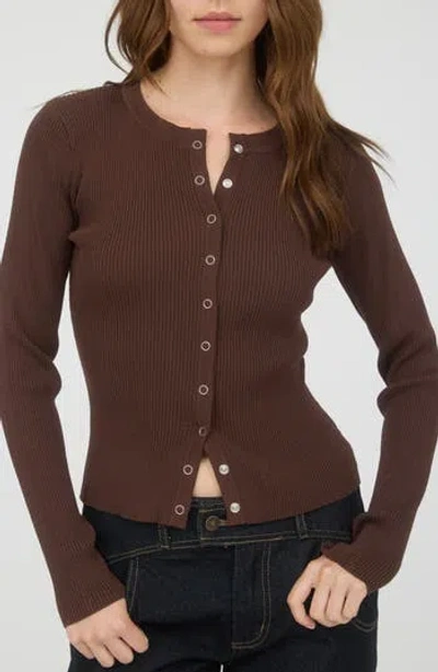 Blu Pepper Snap Button Front Rib Long Sleeve Top In Brown