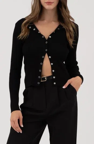 Blu Pepper Snap Button Front Rib Long Sleeve Top In Black