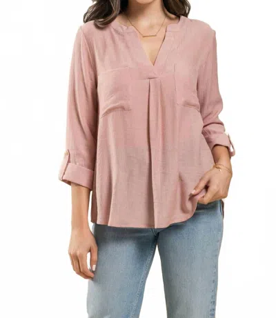 Blu Pepper Split Neck Back Button Three Quarter Tab Sleeve Top In Blush In Gold