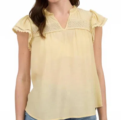 Blu Pepper Split Neck Eyelet Crochet Trim Ruffle Detail Top In Dusty Yellow