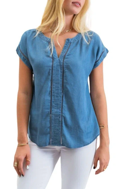 Blu Pepper Split Neck Ladder Lace Top In Chambray