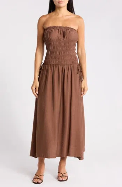 Blu Pepper Strapless Satin Midi Dress In Brown