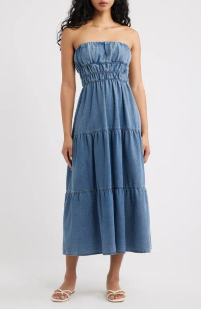 Blu Pepper Strapless Tiered Denim Midi Dress In Blue