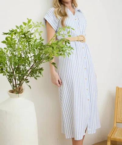 Blu Pepper Stripe Button Down Belted Midi Shirt Dress In Blue