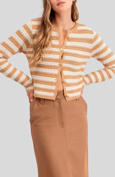 Blu Pepper Stripe Button Front Crop Cardigan In Khaki