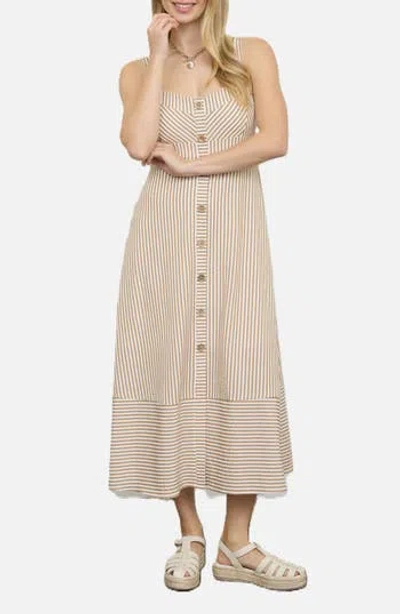Blu Pepper Stripe Button Trim Midi Dress In Brown