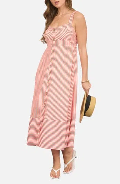 Blu Pepper Stripe Button Trim Midi Dress In Pink