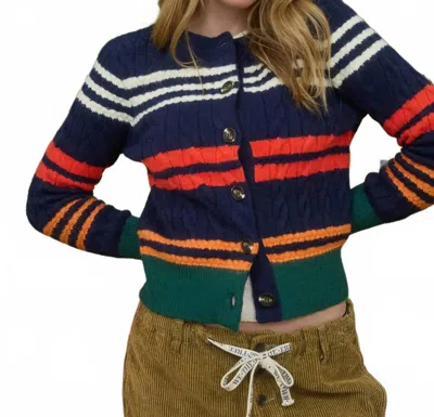 Blu Pepper Stripe Cable Knit Button Down Cardigan In Navy Multi