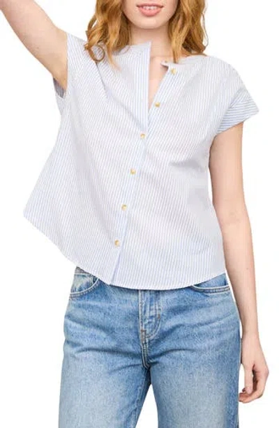 Blu Pepper Stripe Cap Sleeve Button-up Top In Blue