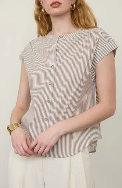 Blu Pepper Stripe Cap Sleeve Button-up Top In Gray