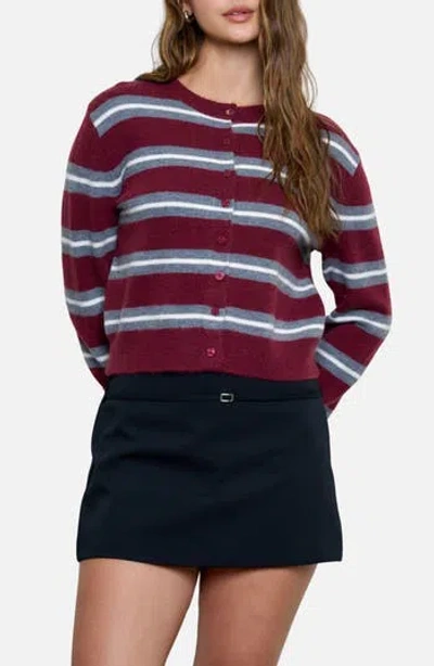 Blu Pepper Stripe Crewneck Cardigan In Burgundy Multi