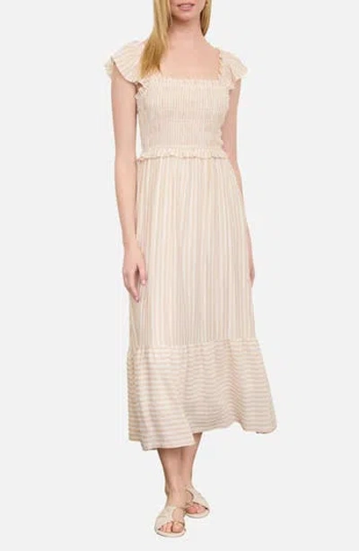 Blu Pepper Stripe Flutter Sleeve Smocked Dress In Brown