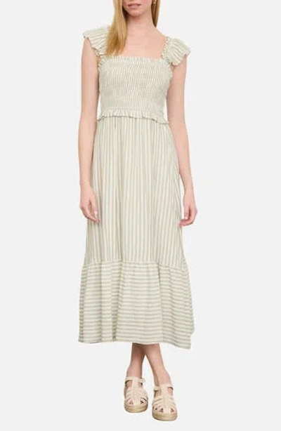 Blu Pepper Stripe Flutter Sleeve Smocked Dress In Brown