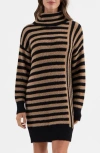 Blu Pepper Stripe Long Sleeve Turtleneck Sweater Dress In Black