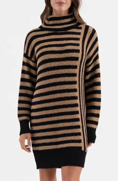 Blu Pepper Stripe Long Sleeve Turtleneck Sweater Dress In Black