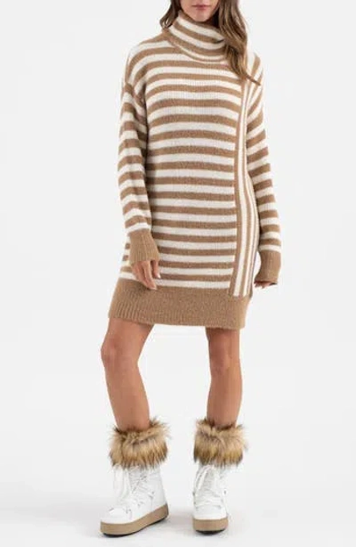 Blu Pepper Stripe Long Sleeve Turtleneck Sweater Dress In Brown