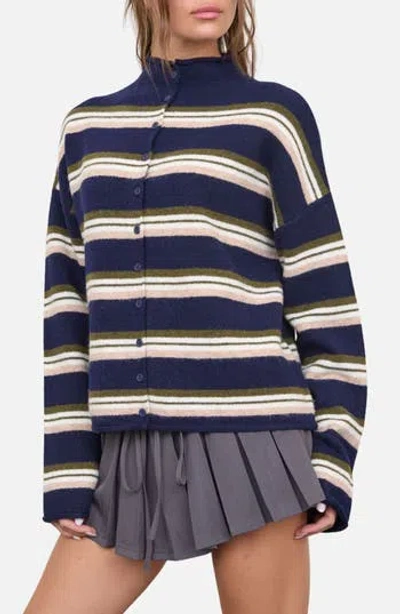 Blu Pepper Stripe Mock Neck Cardigan In Blue