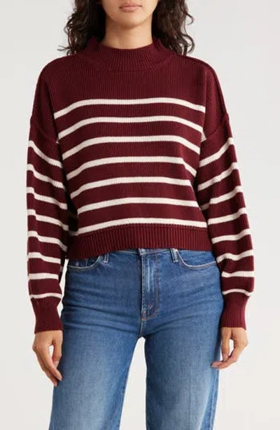 Blu Pepper Stripe Mock Neck Crop Sweater In Burgundy