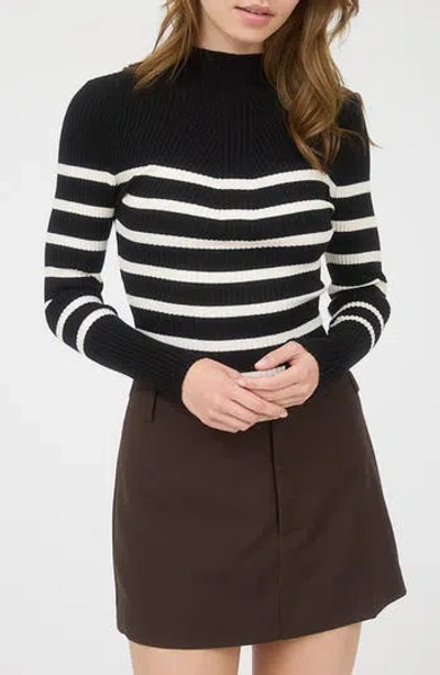 Blu Pepper Stripe Mock Neck Rib Knit Top In Black