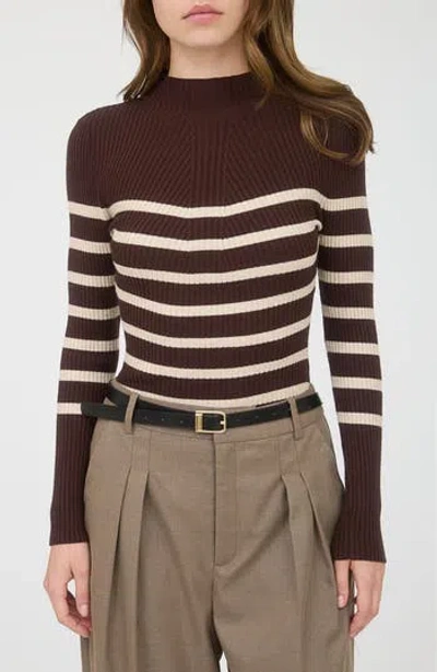 Blu Pepper Stripe Mock Neck Rib Knit Top In Brown