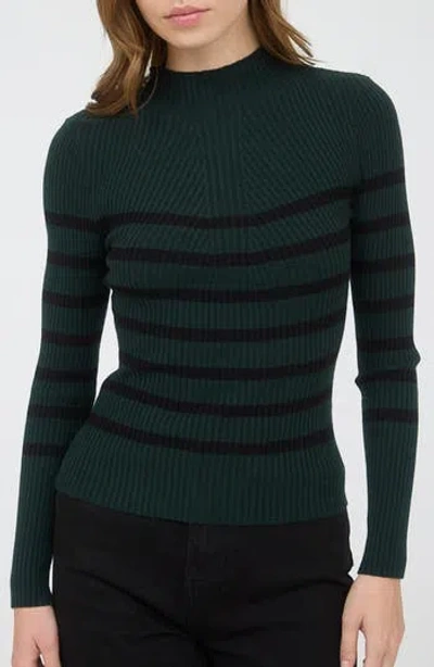 Blu Pepper Stripe Mock Neck Rib Knit Top In Green