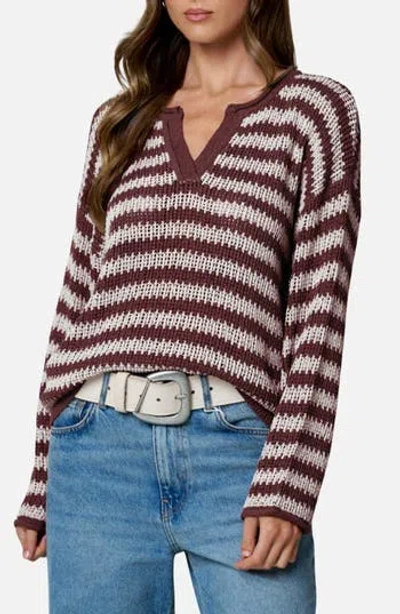 Blu Pepper Stripe Notch Neck Long Sleeve Sweater In Brown