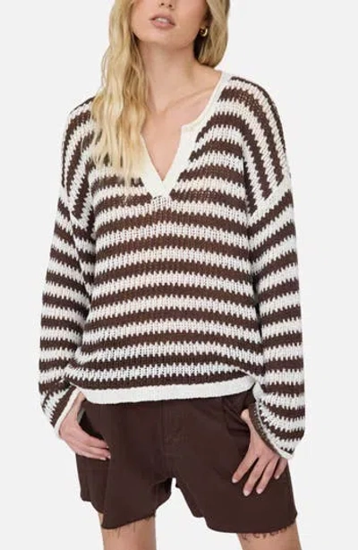 Blu Pepper Stripe Notch Neck Long Sleeve Sweater In Brown