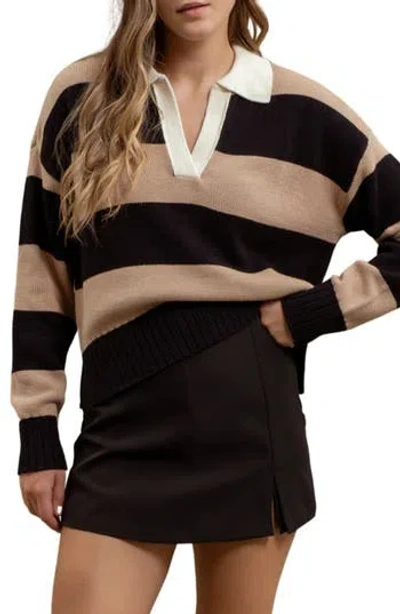 Blu Pepper Stripe Polo Sweater In Camel Multi