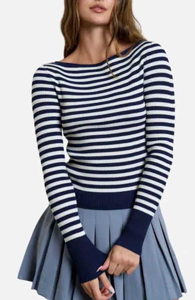 Blu Pepper Stripe Rib Long Sleeve Sweater In Blue
