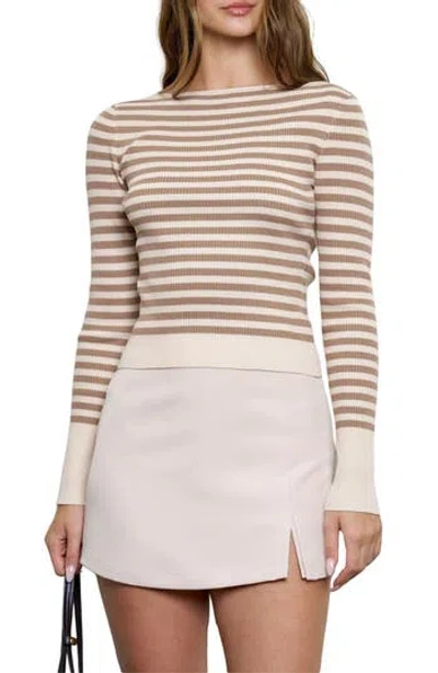 Blu Pepper Stripe Rib Long Sleeve Sweater In Brown