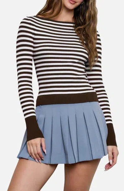 Blu Pepper Stripe Rib Long Sleeve Sweater In Brown