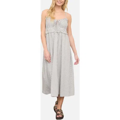 Blu Pepper Stripe Ruffle Shirred Seersucker Midi Dress In Gray
