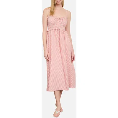 Blu Pepper Stripe Ruffle Shirred Seersucker Midi Dress In Pink