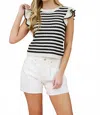 Blu Pepper Stripe Short Ruffle Sleeve Sweater Knit Top In Black In Black