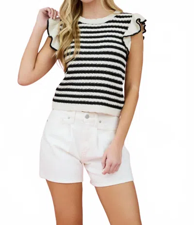 Blu Pepper Stripe Short Ruffle Sleeve Sweater Knit Top In Black