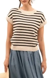 Blu Pepper Stripe Short Sleeve Knit Sweater In Black